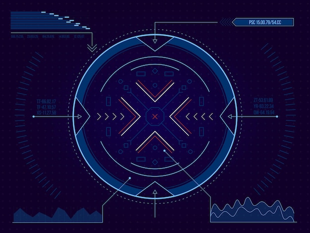 Vector objetivo de hud encuadre de interfaz de juego futurista para bloquear el enfoque del objetivo y apuntar el activo del juego de disparos de ciencia ficción para el objetivo del colimador ilustración de interfaz de usuario de tecnología vectorial