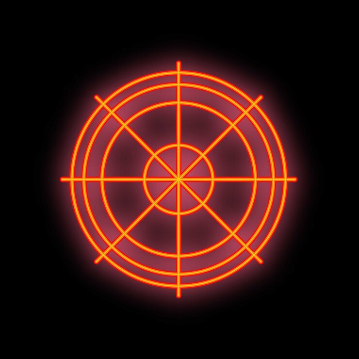 Vector un objetivo de neón brillando en una pared negra