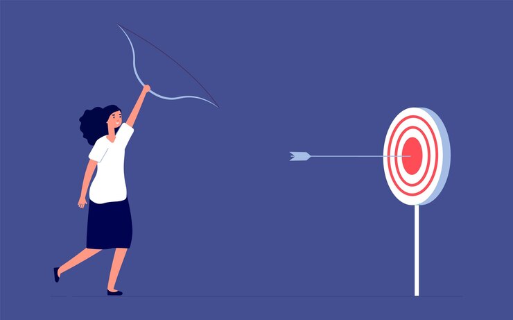Vector objetivo objetivo. ambición de empleada, éxito de la mujer de negocios. enfoque plano o liderazgo, aspiración hacia adelante y concepto de vector de progreso. logro profesional, ilustración de ambición del trabajador.