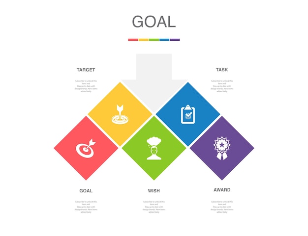 Objetivo objetivo deseo tarea premio iconos Plantilla de diseño infográfico Concepto creativo con 5 pasos