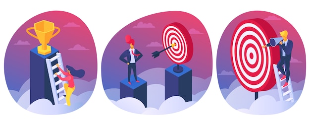 Objetivo de objetivo de éxito de logro, victoria en el concepto de competencia empresarial, ilustración. Los líderes ganadores ganan el premio en el desafío.