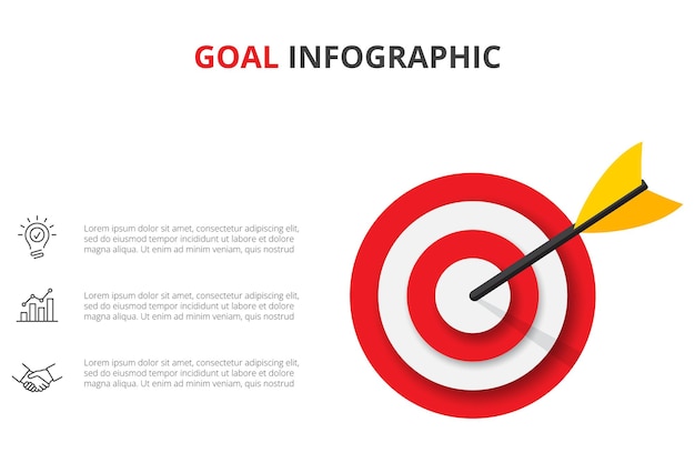 Objetivo con tres flechas con números y texto plantilla infográfica vectpr eps10 y cc illustrati