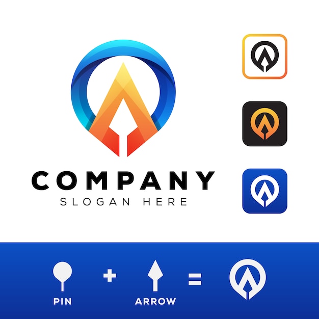 Objetivo de ubicación, pin con flecha logotipo de empresa, diseño de logotipo social y de marketing
