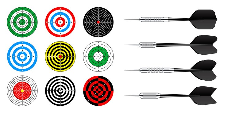 Vector objetivos de papel con flechas de dardos rango de tiro divisiones de objetivos marcas y números tiro de arma práctica y entrenamiento competición deportiva caza bullseye y objetivo ilustración vectorial