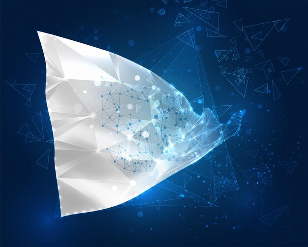 Objeto 3D abstracto virtual de bandera vectorial 5g de polígonos triangulares sobre un fondo azul