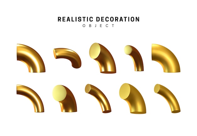 Objeto 3d geométrico dorado aislado sobre fondo blanco. Elementos de geometría metálica dorada. Ilustración vectorial realista.