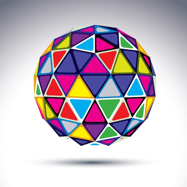 Objeto abstracto moderno dimensional vectorial, bola disco 3d. Globo rico psicodélico construido a partir de triángulos isósceles brillantes con contorno, elemento caleidoscopio.