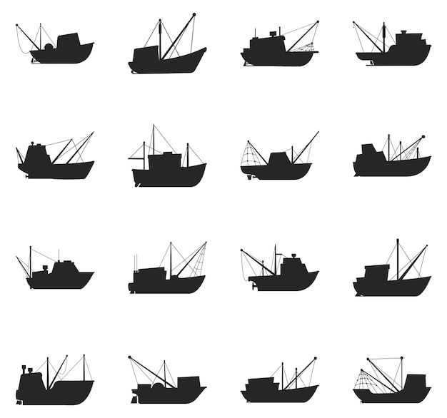 Vector objeto barco pesca conjunto barco buque stock símbolo aislado vector siluetas