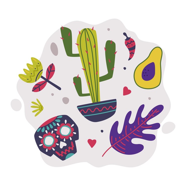 Vector objeto brillante de méxico con cactus floral y composición vectorial de elementos del cráneo decorados