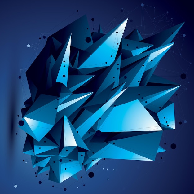 Objeto brillante vectorial asimétrico abstracto con malla de líneas, forma geométrica complicada.