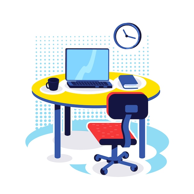 Objeto de color plano de lugar de trabajo de oficina. Escritorio con computadora. Trabajo corporativo. Monitor de PC en la mesa. Lugar de trabajo a domicilio. Ilustración de dibujos animados aislado del espacio de trabajo para diseño gráfico y animación web