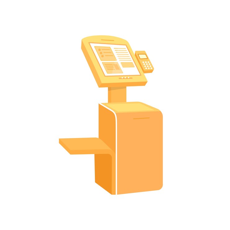 Vector objeto de color plano de quiosco de autoservicio naranja. dispositivo para información y compra. pago automático. ilustración de dibujos animados de terminal aislado para diseño gráfico web y animación