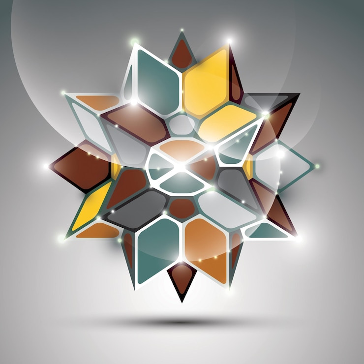 Vector objeto complicado de caleidoscopio brillante de metal 3d. ilustración geométrica compleja festiva vectorial - piedra preciosa de faceta brillante eps10.