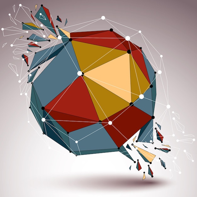Objeto digital vectorial 3d de baja poli con líneas y puntos conectados, forma geométrica colorida de estructura alámbrica con diferentes fracturas. Perspectiva asimétrica forma destrozada.