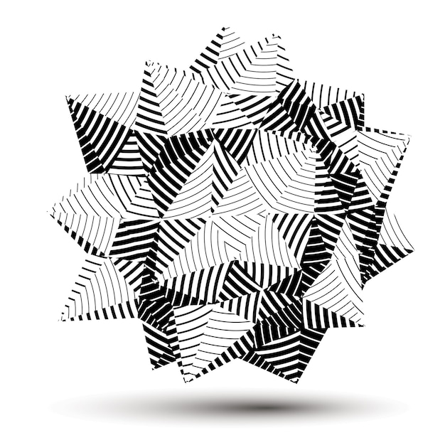 Objeto de diseño abstracto vectorial 3D, figura complicada poligonal. Renderizado de forma rayada deformada tridimensional en escala de grises.