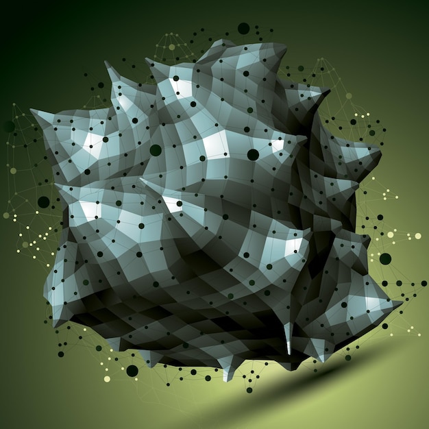 Objeto de diseño abstracto vectorial 3D, figura poligonal complicada con malla de líneas.