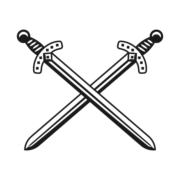 Objeto de diseño monocromo de vector de arma de dos espadas cruzadas o elemento gráfico aislado sobre fondo blanco