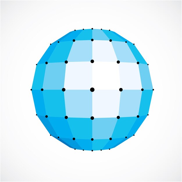 Objeto esférico azul polivinílico bajo vectorial 3d, orbe de perspectiva creado con facetas cuadradas. Elemento poligonal abstracto para su uso como estructura de diseño en el tema de la tecnología de la comunicación