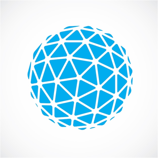 Objeto esférico azul polivinílico bajo vectorial 3d, orbe de perspectiva creado con facetas triangulares. Elemento poligonal abstracto para su uso como estructura de diseño en el tema de la tecnología de la comunicación