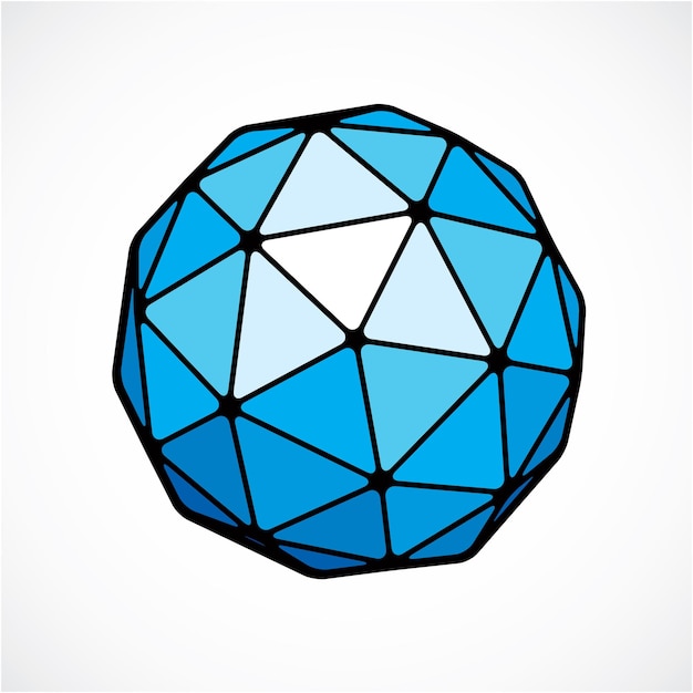Objeto esférico azul polivinílico bajo vectorial 3d, orbe de perspectiva creado con facetas triangulares. Elemento poligonal abstracto para su uso como estructura de diseño en el tema de la tecnología de la comunicación