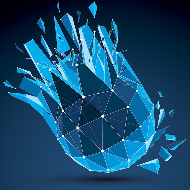 Objeto esférico de estructura alámbrica digital vectorial 3d dividido en diferentes partículas y fragmentos, estructura poligonal geométrica con malla de líneas blancas. Forma destrozada azul transparente de polietileno bajo, forma de celosía.