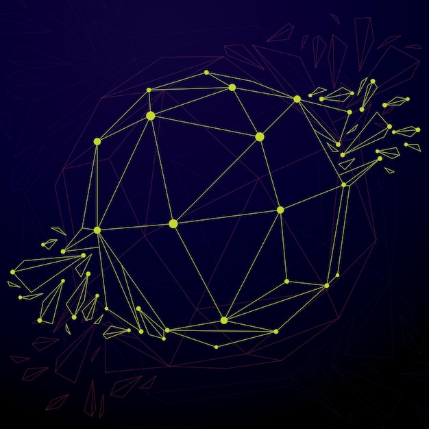 Objeto esférico de estructura alámbrica digital vectorial 3d dividido en diferentes partículas y refracciones, estructura poligonal geométrica con malla de líneas. Forma de baja poli destrozada, forma de celosía del ciberespacio.