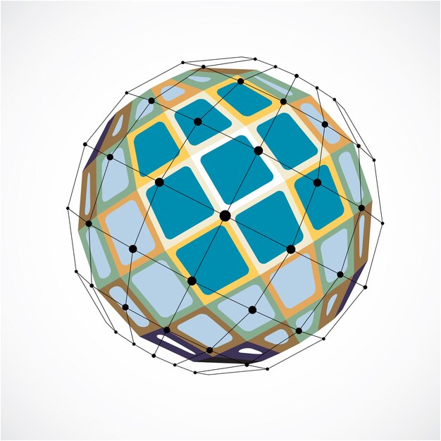 Objeto esférico polivinílico bajo vectorial 3d con líneas y puntos conectados negros, forma geométrica de estructura alámbrica roja. Orbe facetado de perspectiva creado con cuadrados.