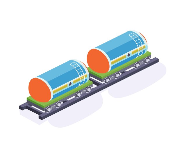 Objeto de la industria petrolera Remolques de carga tanques con recursos minerales de petróleo líquido Almacenamiento en el transporte de automóviles transporte de carga Vagón de ferrocarril locomotora tren cisterna Vector isométrico