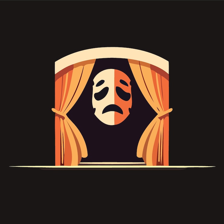 Vector objeto de máscara dramática en el escenario del teatro
