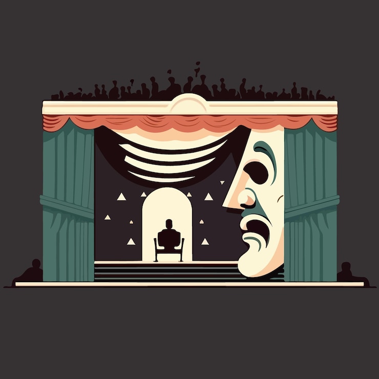 Vector objeto de máscara dramática en el escenario del teatro