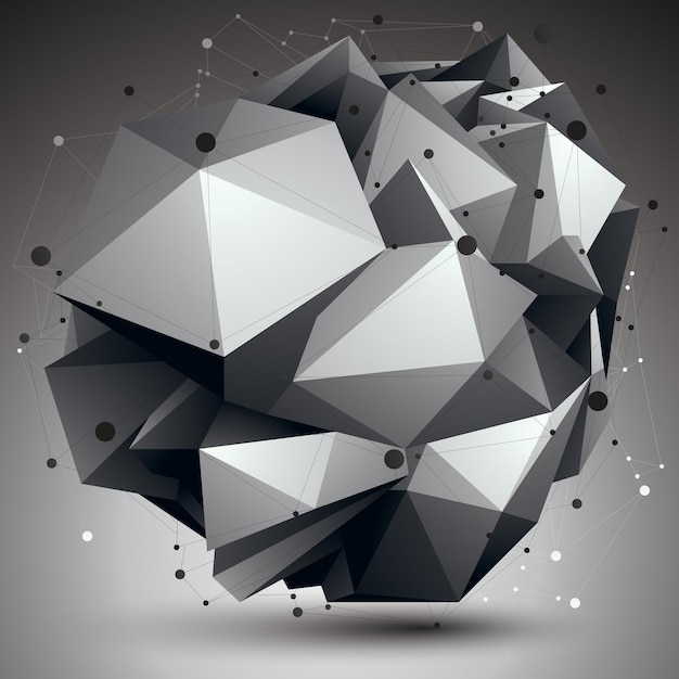 Objeto monocromático vectorial asimétrico abstracto con malla de líneas negras, forma geométrica complicada.