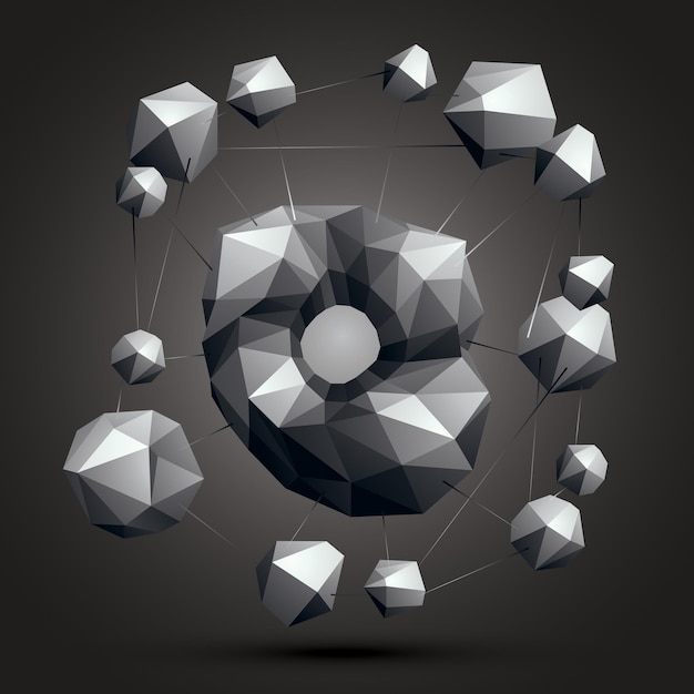 Objeto monocromático vectorial espacial aislado, figura de tecnología 3d con elementos grises geométricos.