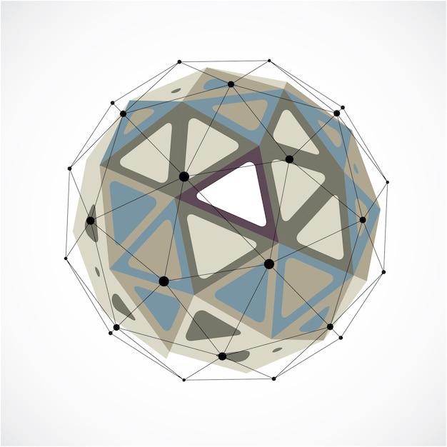 Objeto polivinílico bajo de estructura alámbrica dimensional vectorial, forma esférica en escala de grises con rejilla negra. Elemento de malla 3d de tecnología fabricado con facetas triangulares para su uso como forma de diseño en ingeniería.