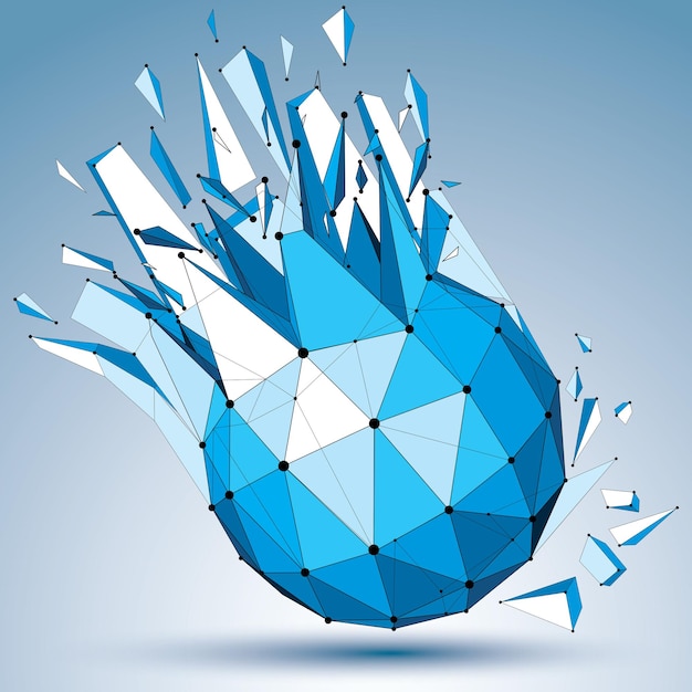 Objeto polivinílico bajo vectorial 3d con líneas punteadas conectadas en negro, forma azul de estructura alámbrica geométrica con fracturas. Perspectiva asimétrica destrozada forma poligonal.