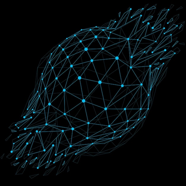 Objeto polivinílico bajo vectorial 3d con líneas y puntos conectados azules, forma geométrica de estructura alámbrica con refracciones. Perspectiva asimétrica forma destrozada. Efecto luminiscente, tecnología de la comunicación.