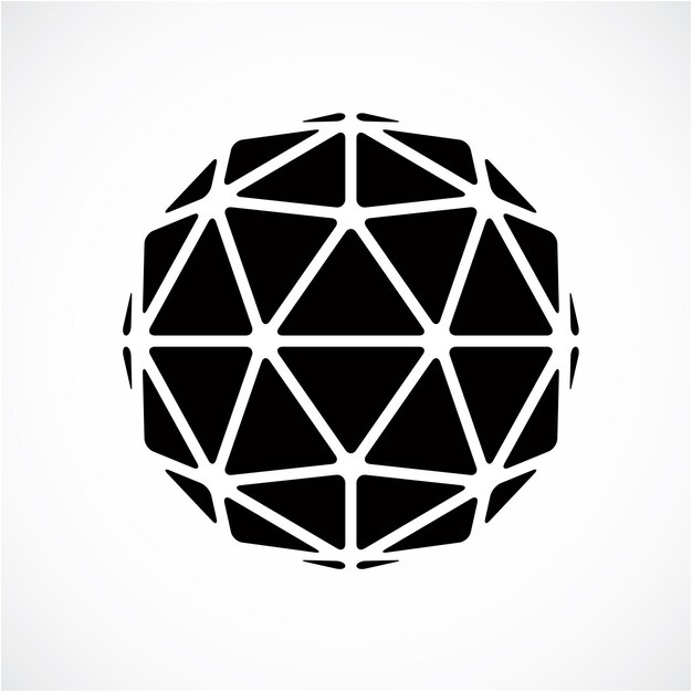 Objeto polivinílico bajo vectorial dimensional monocromo, forma de trigonometría. Tecnología Elemento esférico 3d hecho con facetas triangulares para uso como forma de diseño en ingeniería.