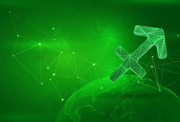 Objeto sobre un planeta poligonal en un cálculo de datos globales de fondo verde