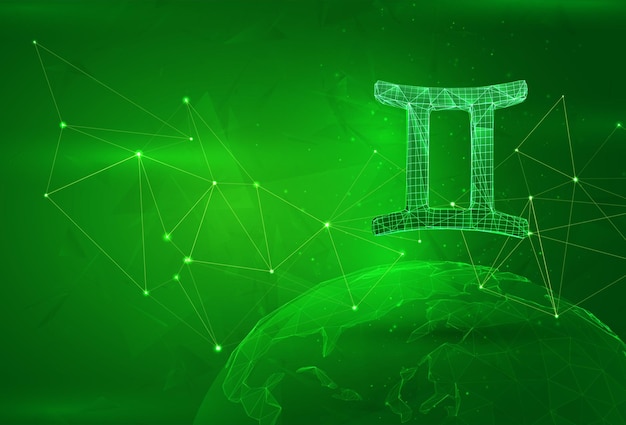 Objeto sobre un planeta poligonal en un cálculo de datos globales de fondo verde