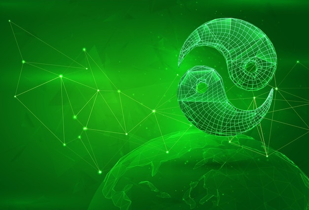 Objeto sobre un planeta poligonal en un cálculo de datos globales de fondo verde