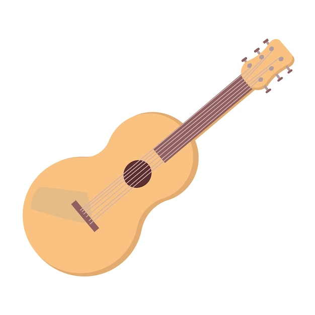 Objeto de vector de color semiplano de guitarra acústica Elemento de tamaño completo en blanco Tocar clase de instrumento musical Lección de música Ilustración de estilo de dibujos animados simple para diseño gráfico web y animación