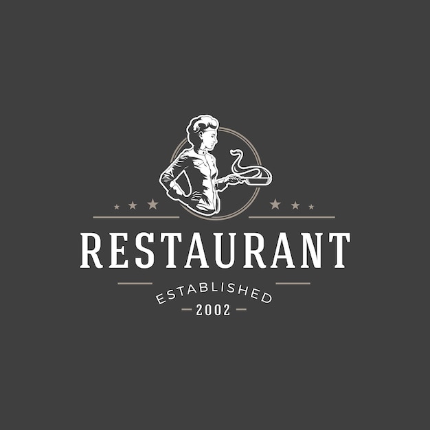 Objeto de vector de plantilla de logotipo de restaurante para diseño de logotipo o insignia Ilustración de estilo retro de moda chef mujer cocinando comida silueta