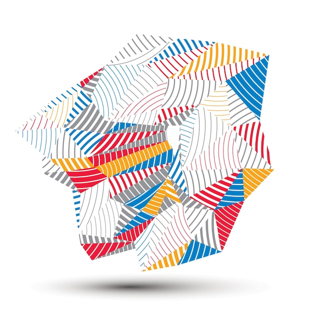 Objeto de vector rayado complicado 3d abstracto geométrico, elemento tridimensional asimétrico colorido aislado.