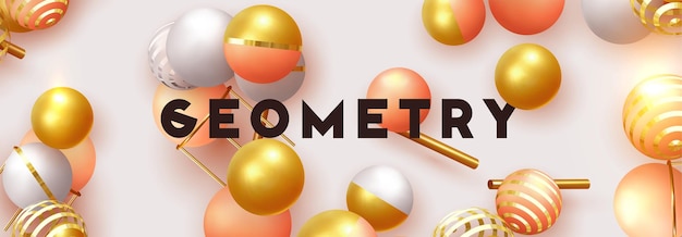 Objetos 3d forma bola de oro y plata, esferas redondas volumétricas blancas y rosas. Fondo mínimo abstracto. Elementos geométricos realistas vectoriales. Banner horizontal, póster web, encabezado de diseño, volante