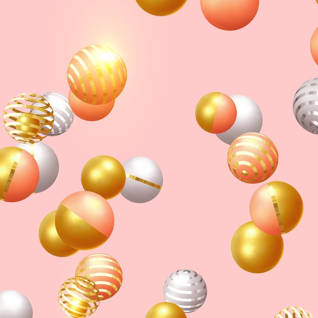 Objetos 3d forma bola de oro y plata, esferas redondas volumétricas blancas y rosas. Fondo mínimo abstracto. Elementos geométricos realistas vectoriales