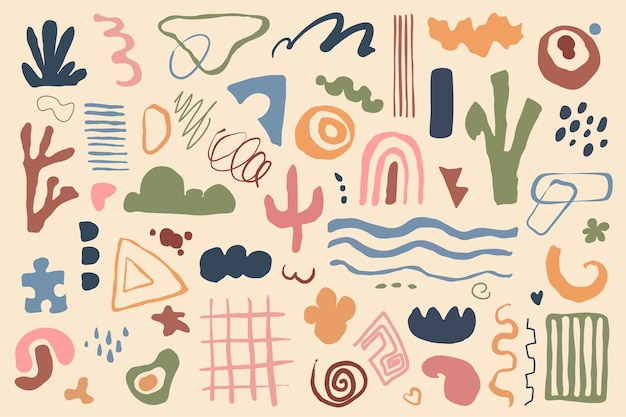 Objetos abstractos dibujados a mano mega set en diseño plano gráfico Elementos de paquete de diferentes tipos de niños coloridos formas de garabatos y formas decorativas simples Pegatinas aisladas de ilustración vectorial
