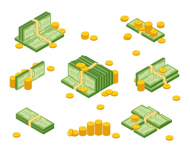 Vector objetos aislados sobre fondo blanco. varios billetes de dinero dólar efectivo papel billetes de banco y monedas de oro. dinero en efectivo montón, pila y pila de dinero ilustración.