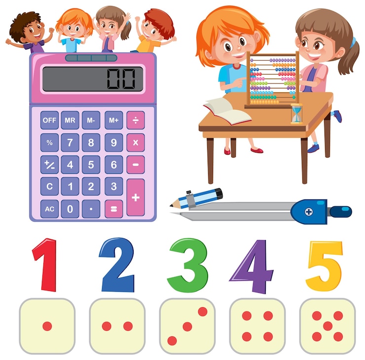 Vector objetos de aula de matemáticas con suministros y estudiantes.