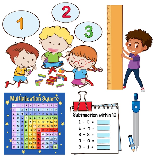 Vector objetos de aula de matemáticas con suministros y estudiantes.