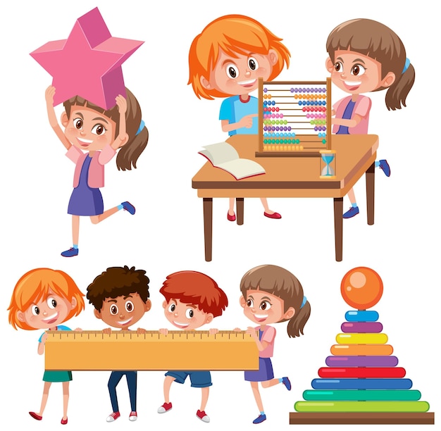 Objetos de aula de matemáticas con suministros y estudiantes.