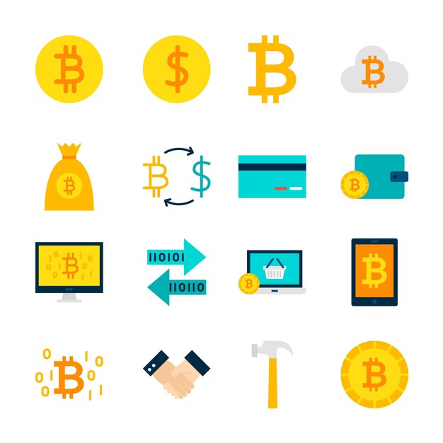 Objetos de Bitcoin de moneda. Conjunto de elementos financieros aislados en blanco.